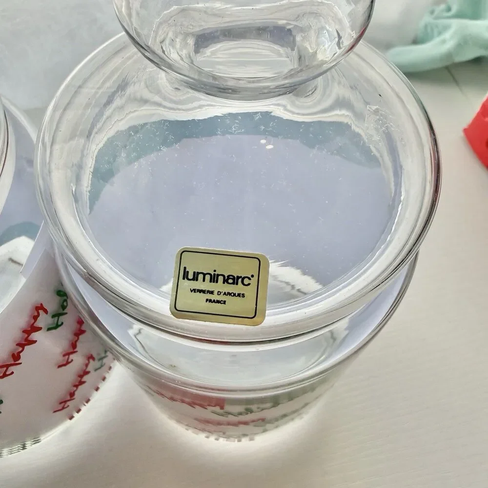 Vintage 2x Clear Glass Luminarc Happy Holidays Christmas Cookie Jars w Lids, L5